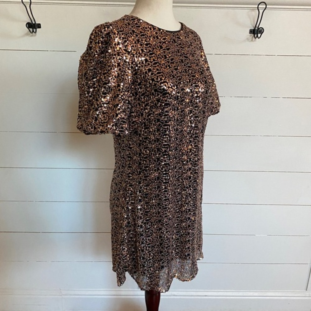 Eliza J Womens Bronze Black Sequin Puff Sleeve Shift Mini Dress Size 10 - Picture 5 of 9